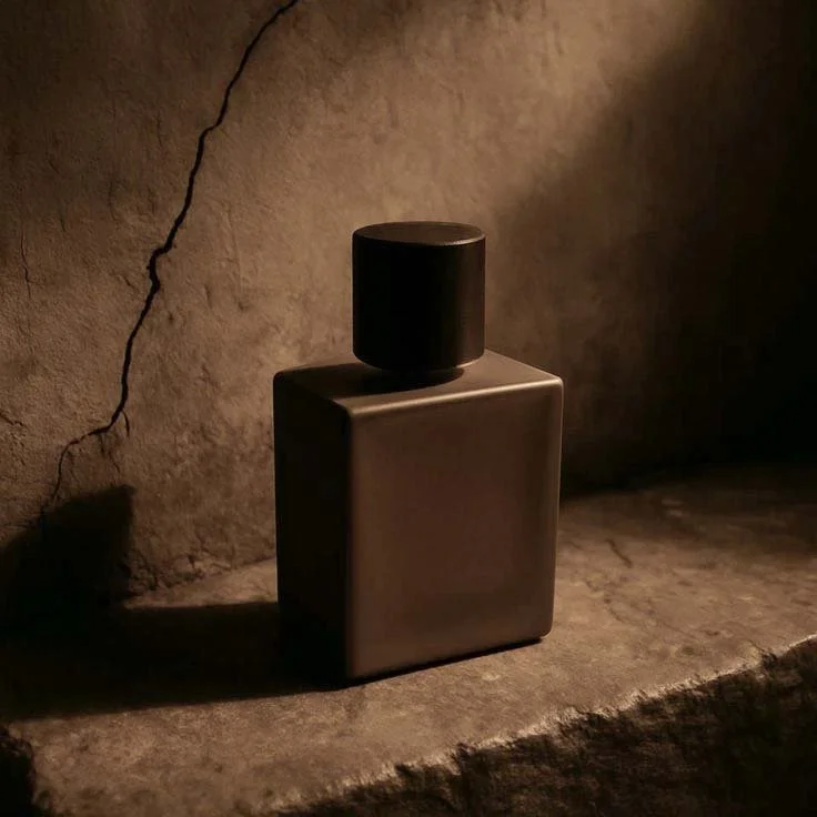 A black perfume bottle with a cube-shaped body and a round cap placed on a rough concrete surface with a textured wall behind, lit by warm, low light.