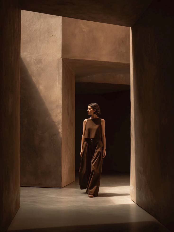 A woman walking through a minimalist, modern architectural space with large beige walls and sharp geometric lines, illuminated by soft lighting.