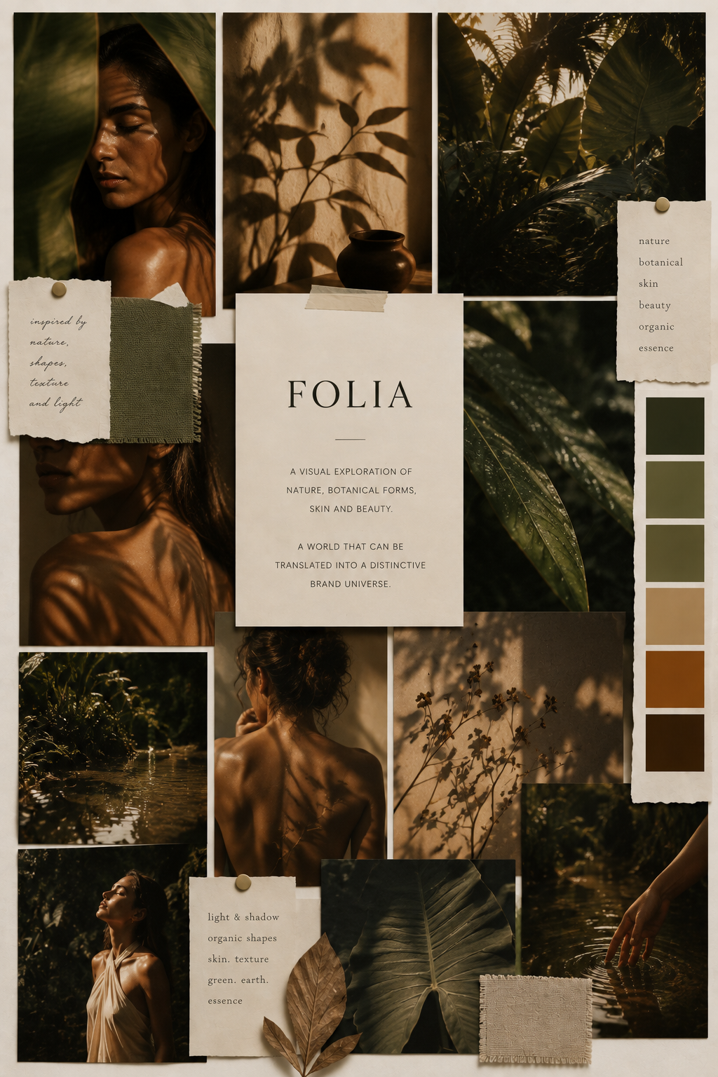 A mood board for Folia, a brand focused on nature-inspired beauty and skin care. It features photographs of a woman surrounded by plants and sunlight, shadowed leaves, and natural textures. There are notes emphasizing inspiration from nature, botanical forms, skin, and organic beauty, along with a color palette of earthy greens, browns, and neutrals.
