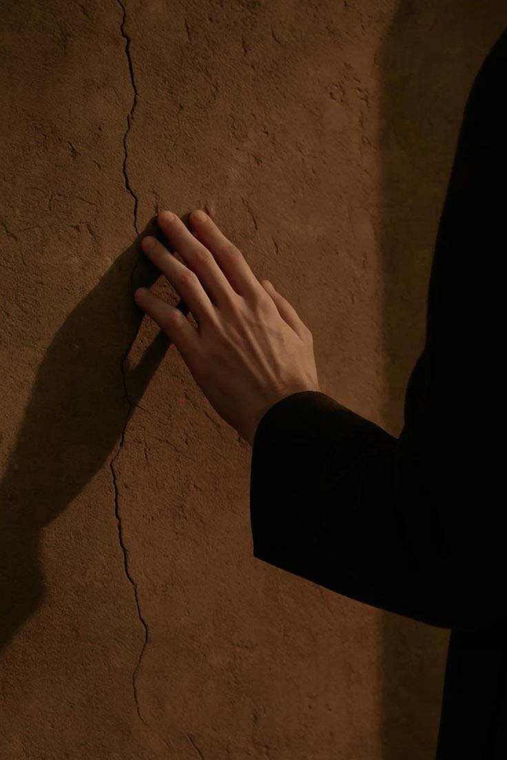 Hand with visible veins touching a cracked, textured brown wall in dim lighting.