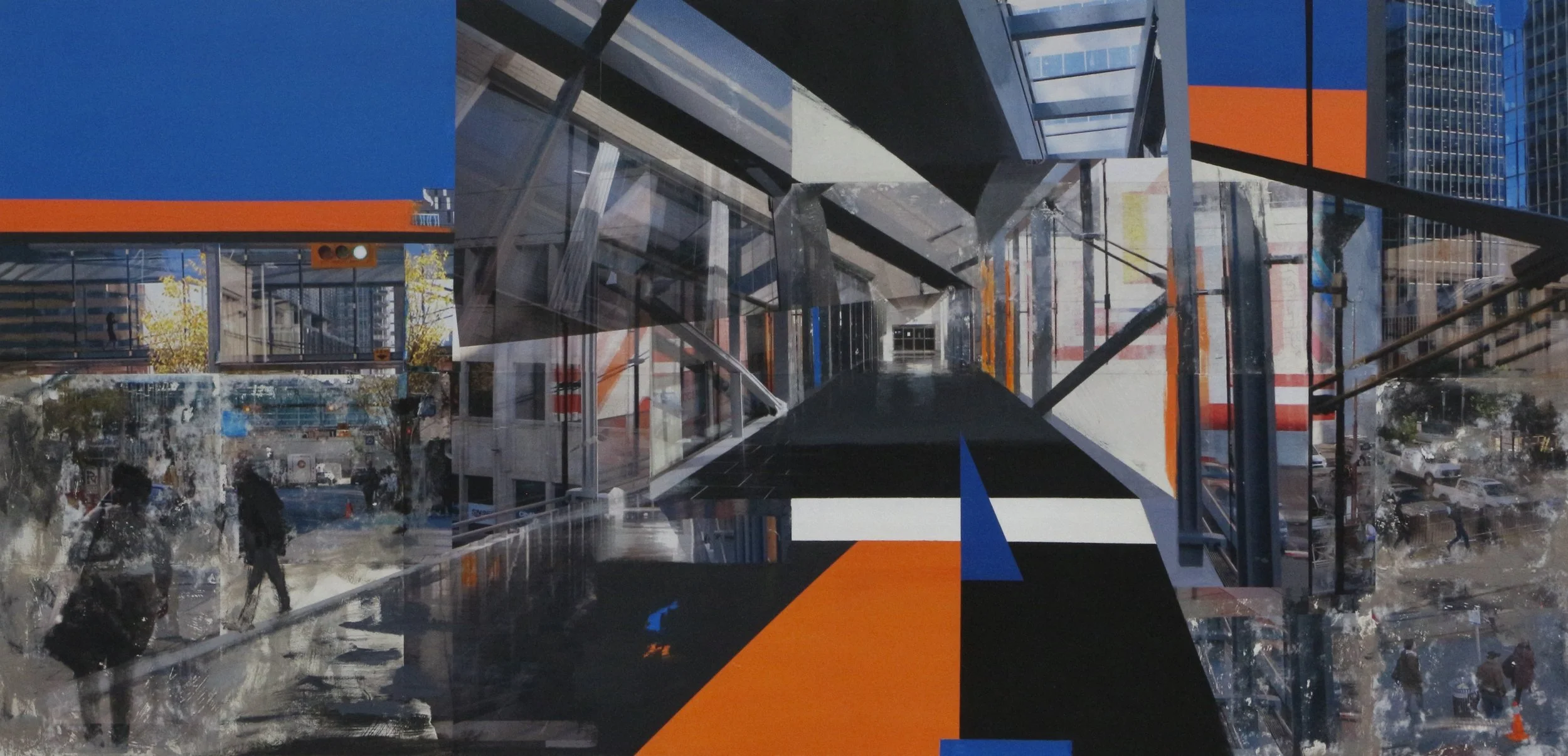 "Pedestrian Access";
24x48 inches;
Acrylic paint, photo transfer, photo collage on masonite board;
2023