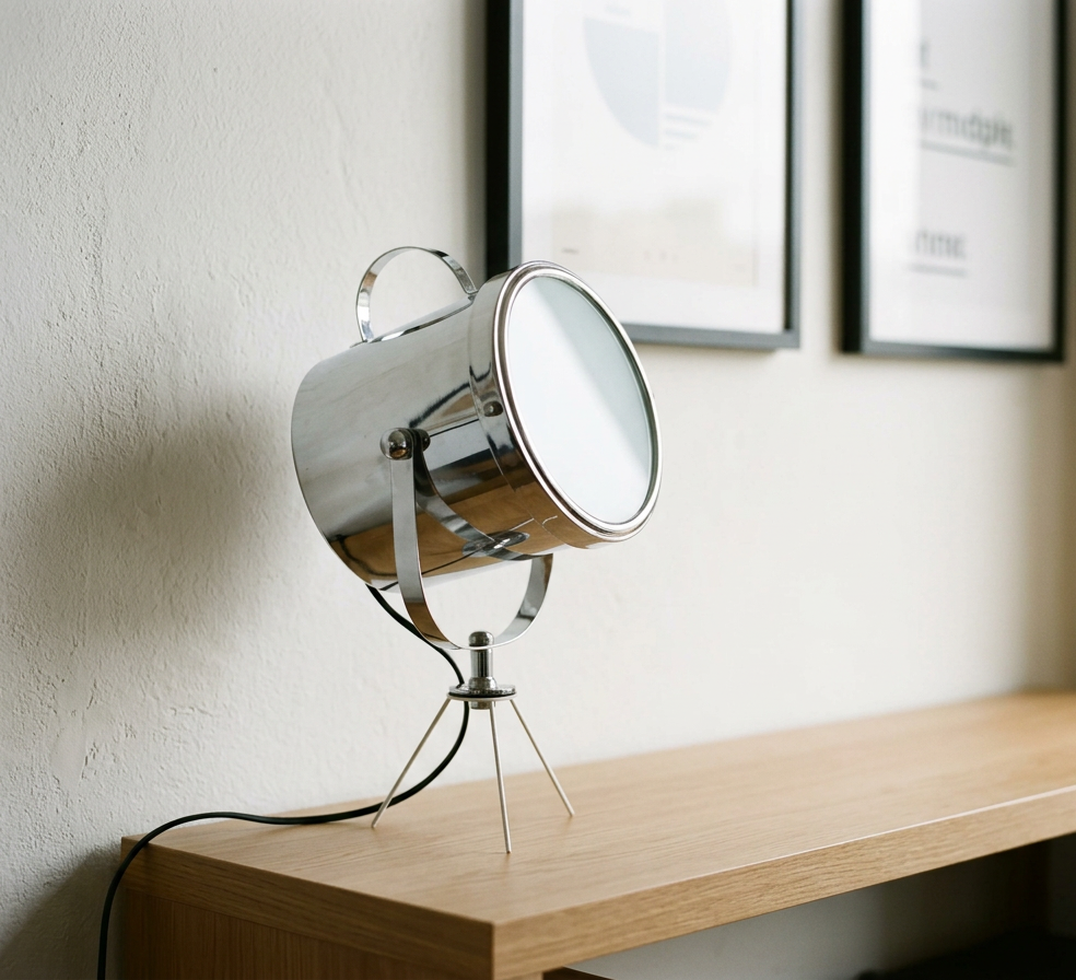 Chrome Studio Spotlight Table Lamp, Tripod Base, Industrial Design