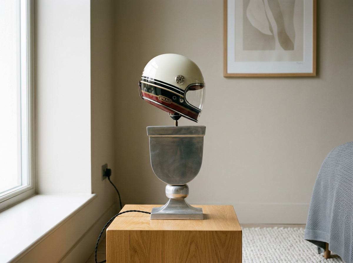 Motorcycle Helmet Table Lamp, Retro Racing Stripe Design, Metal Base