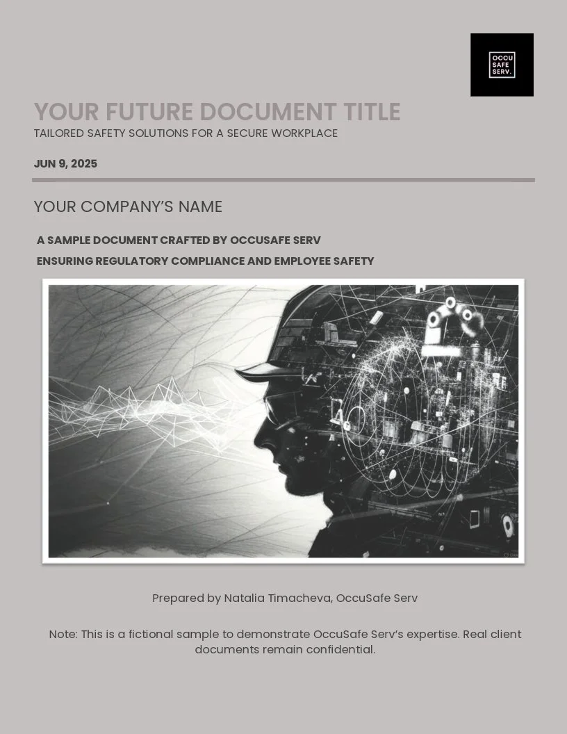 Cover page of a safety document with a futuristic digital illustration of a person's profile, technical schematics, and data overlays, titled 'Your Future Document Title' and prepared by Natalia Timacheva for OccuSafe Serv.