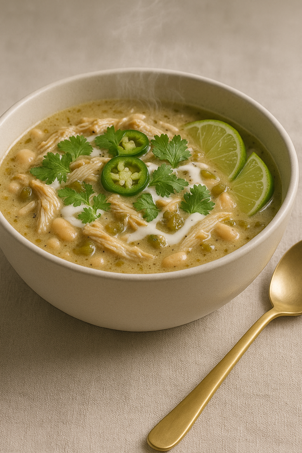 Bowl of chicken tortilla soup garnished with cilantro, sliced jalapeños, lime wedges, and a drizzle of sour cream, placed on a beige table with a gold spoon beside it.