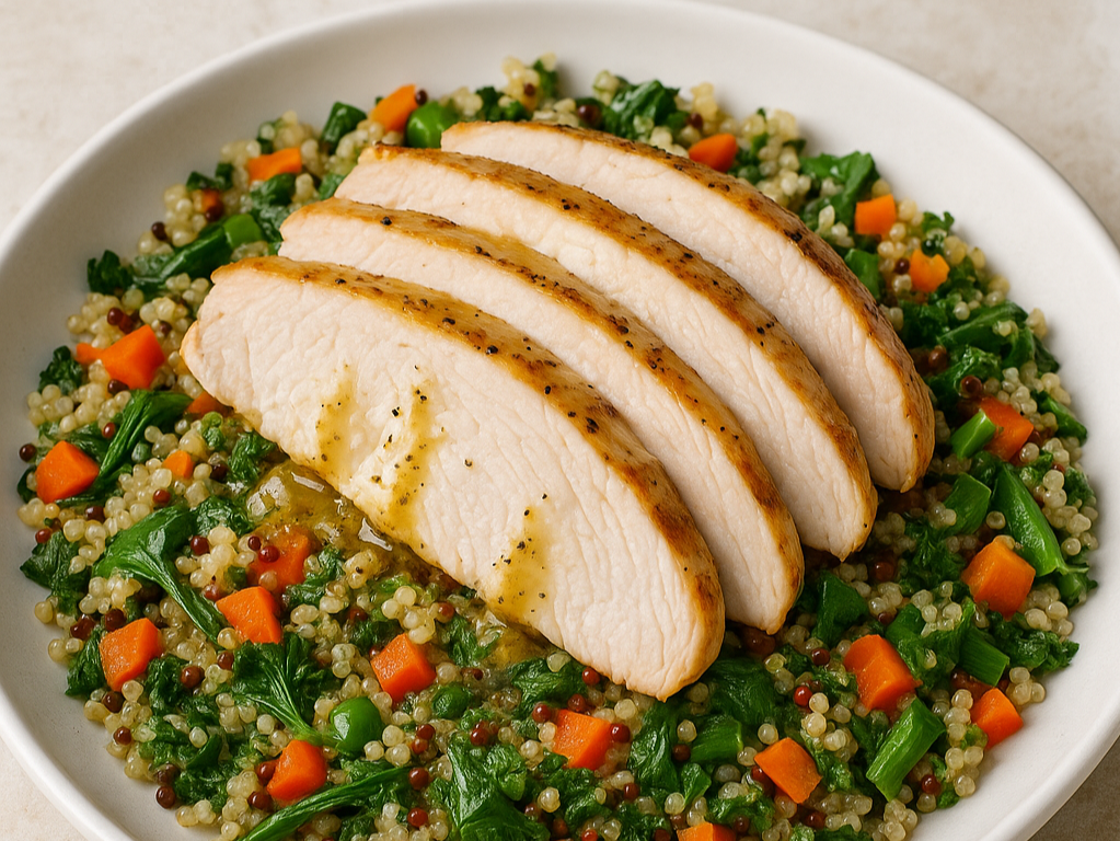 Cooked sliced chicken breast on a bed of vegetable and quinoa salad