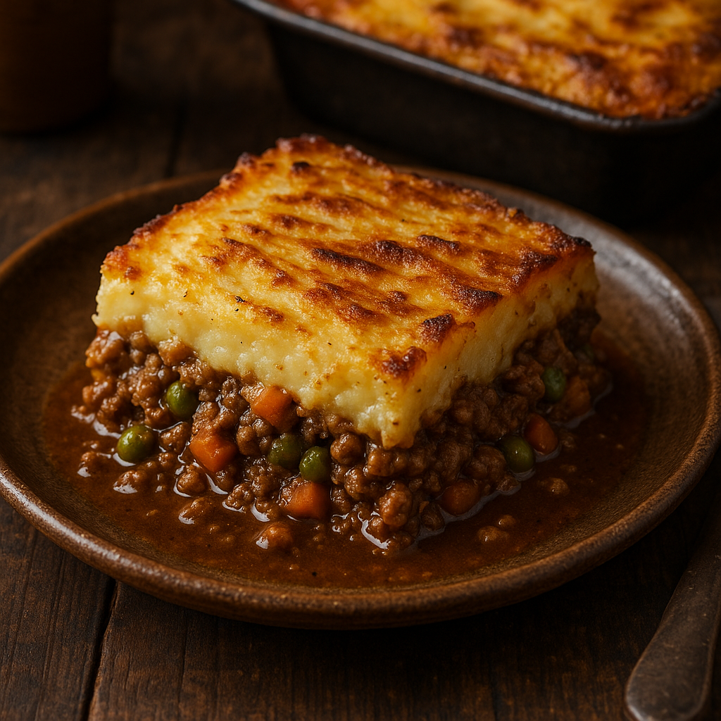 A serving of shepherd's pie with mashed potato topping, ground beef, carrots, and peas in gravy on a brown plate.