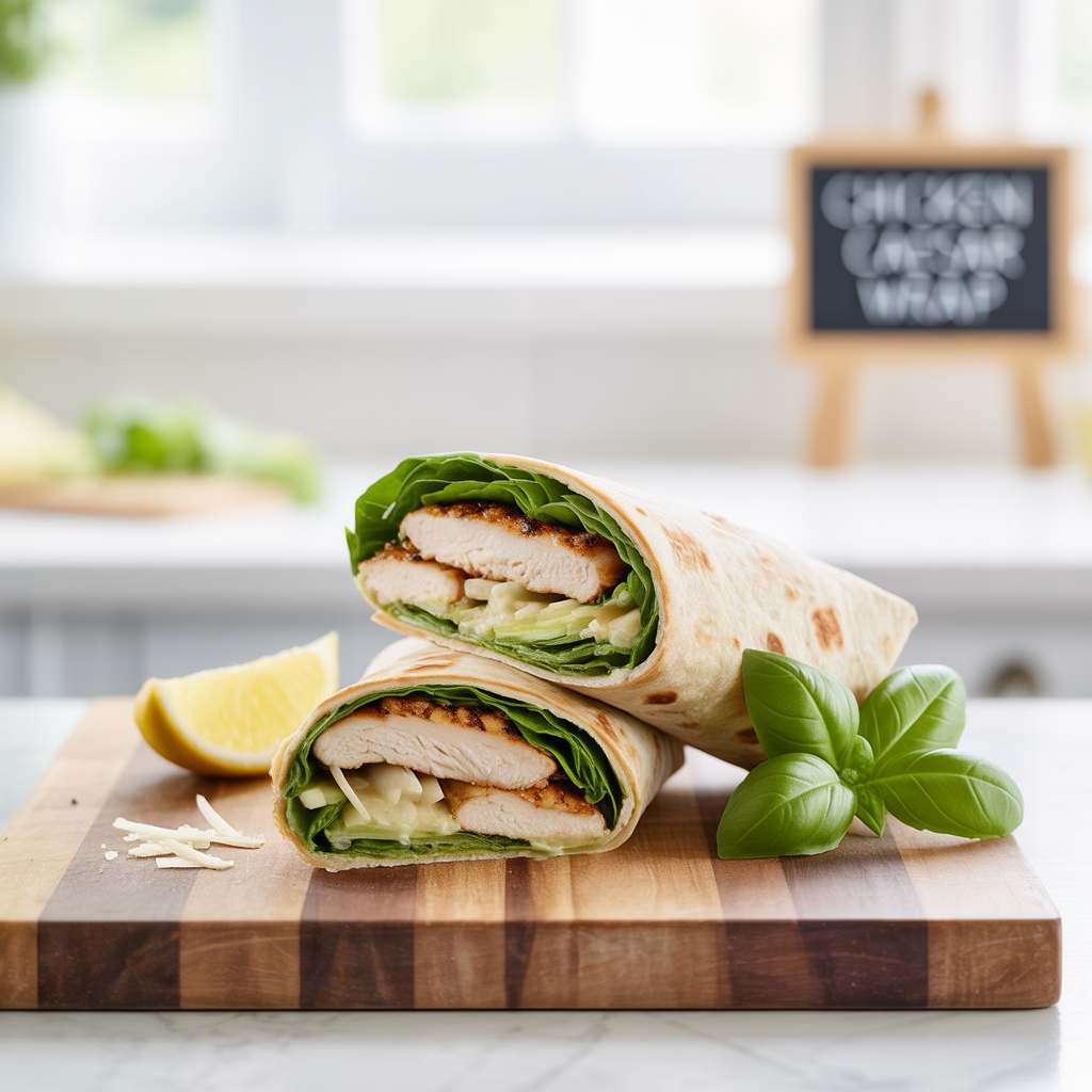 Two chicken wraps on a wooden cutting board with a lemon wedge and basil leaves, blurred kitchen background with a chalkboard sign that says chicken wraps.