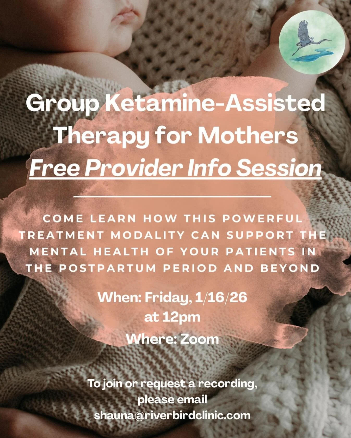 Riverbird is excited to be collaborating with Beth Brown, LICSW, PMH-C, RYPT, who specializes in perinatal and postpartum therapy, to begin offering group ketamine-assisted therapy for mothers. 

If you are a medical or therapy provider who is curiou