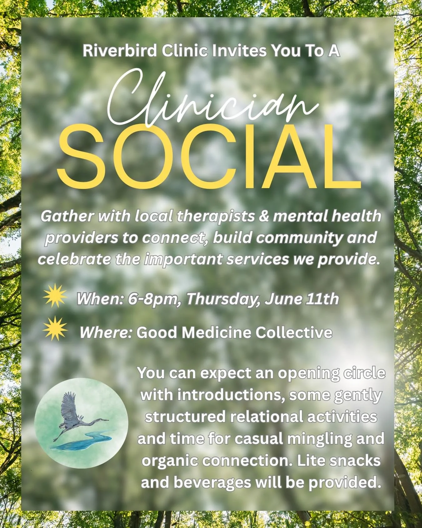 Calling all therapists and mental health providers! Riverbird is excited to be hosting a *free* social event for you to connect with your local colleagues and build community. This field is rich and rewarding but also challenging and can sometimes fe