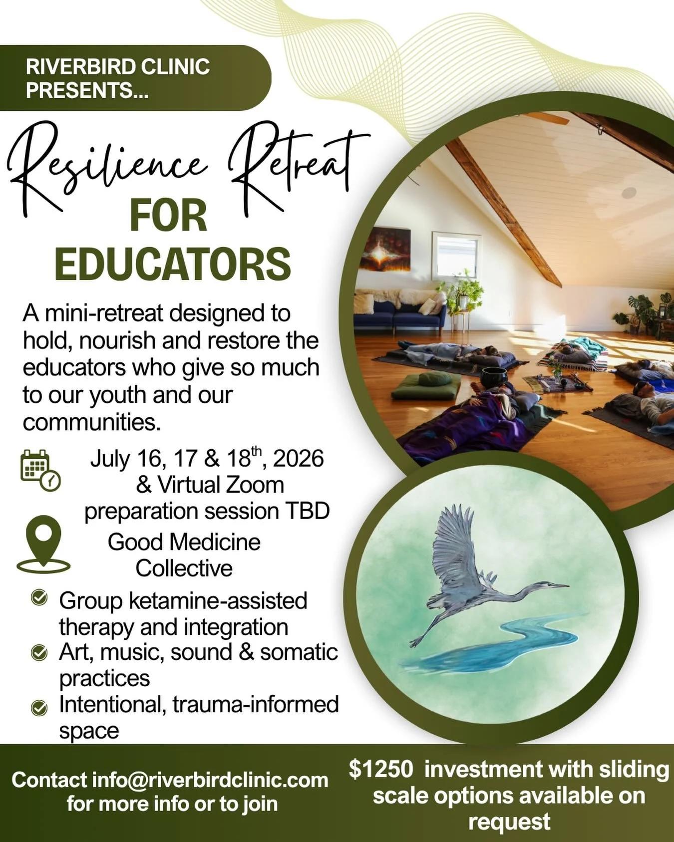 ✨sliding scale options available if cost is a barrier ✨

This July, Riverbird Clinic is offering an Educator Resilience Retreat as a way to care for, nourish and help restore our educators. A career in education is often a calling for those who are p