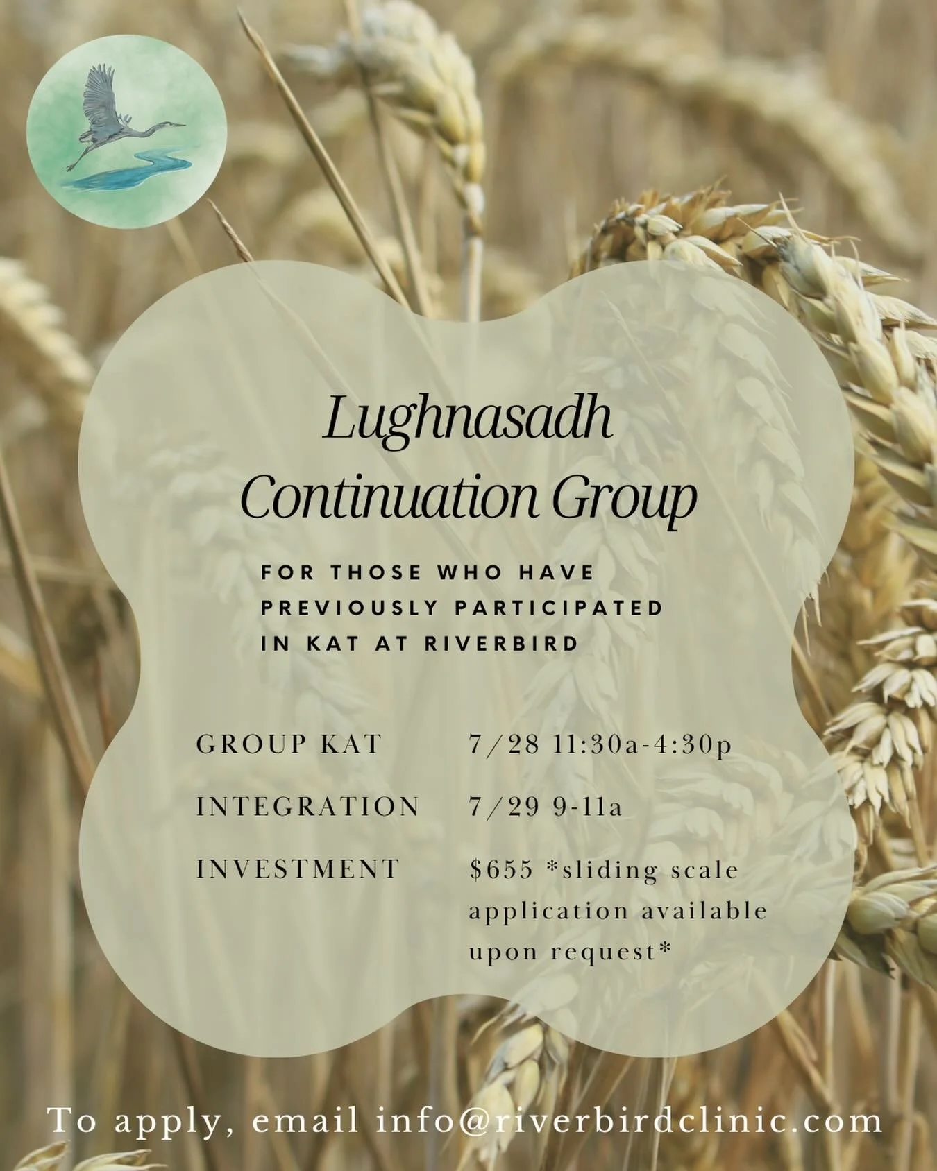 ✨Lughnasadh marks the midpoint between the summer solstice and the fall equinox.

🌱In this continuation group, we will create space for ceremony and community for individuals who have previously participated in KAT at Riverbird or Bird&rsquo;s Eye W