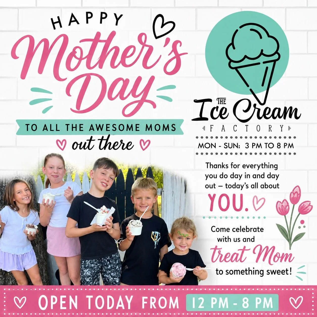 Happy Mother&rsquo;s Day to all the awesome moms out there 💐🍦❤️

Thanks for everything you do day in and day out &mdash; today&rsquo;s all about YOU. Come celebrate with us and treat Mom to something sweet ✨

Open today from 12 PM &ndash; 8 PM

#Mo