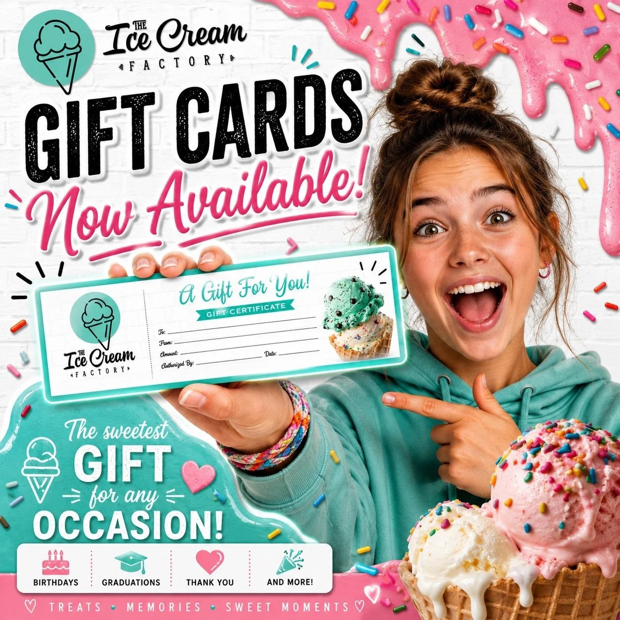 🍦🎁 GIFT CARDS ARE NOW AVAILABLE! 🎁🍦

Looking for the sweetest gift? We&rsquo;ve got you covered! 😍

Treat someone special to their favorite ice cream, root beer floats, and sweet memories at The Ice Cream Factory! 🍨✨

🎂 Birthdays
🎓 Graduation