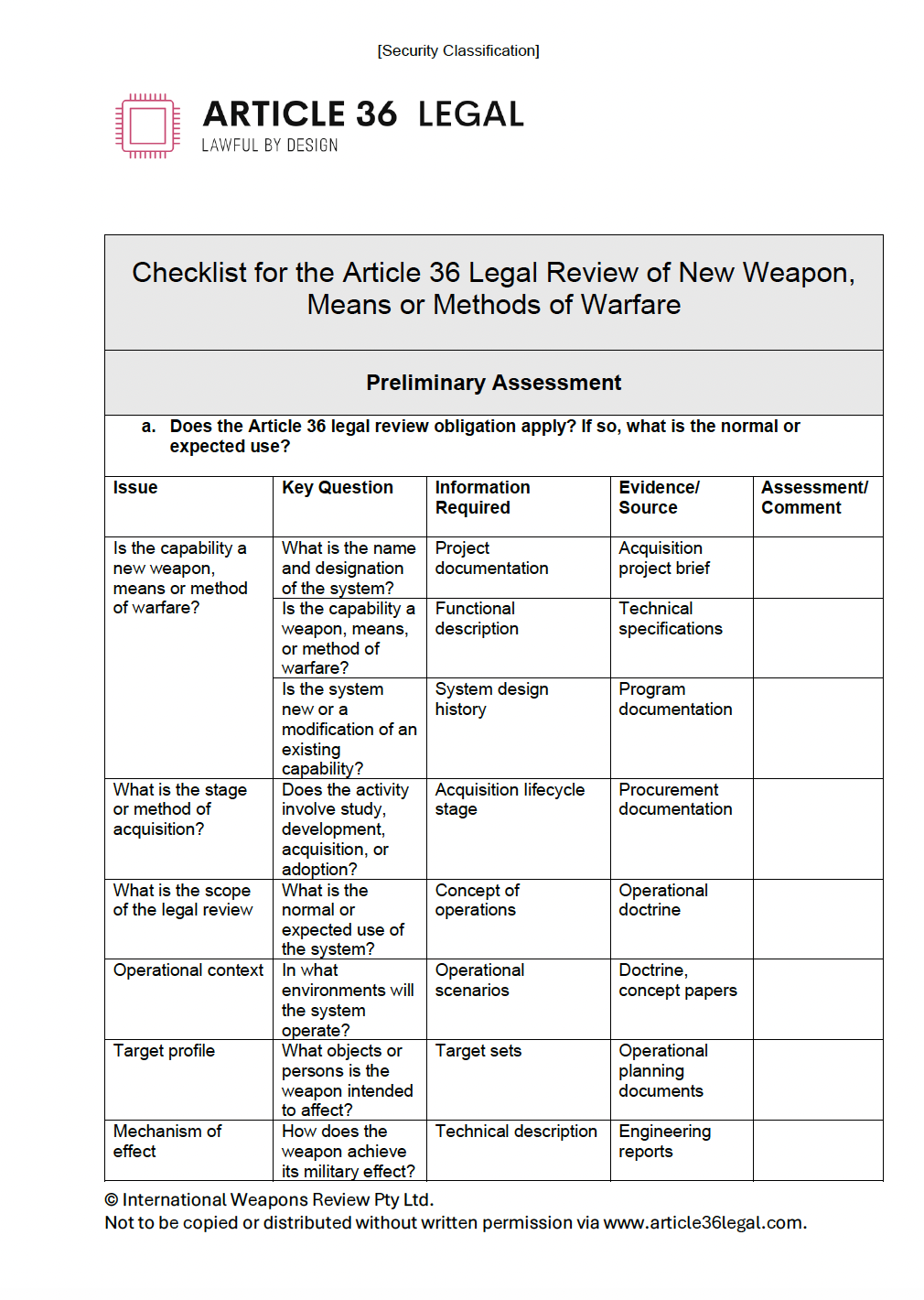 Checklist document titled 'ARTICLE 36 LEGAL' for the legal review of new weapons, including sections on preliminary assessment, issues, questions, and evidence sources.