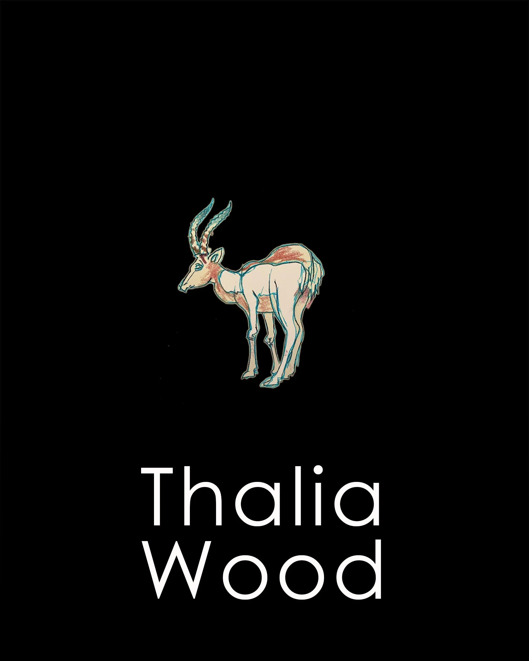 An illustration of an antelope on a black background, with the title 'Thalia Wood' written below