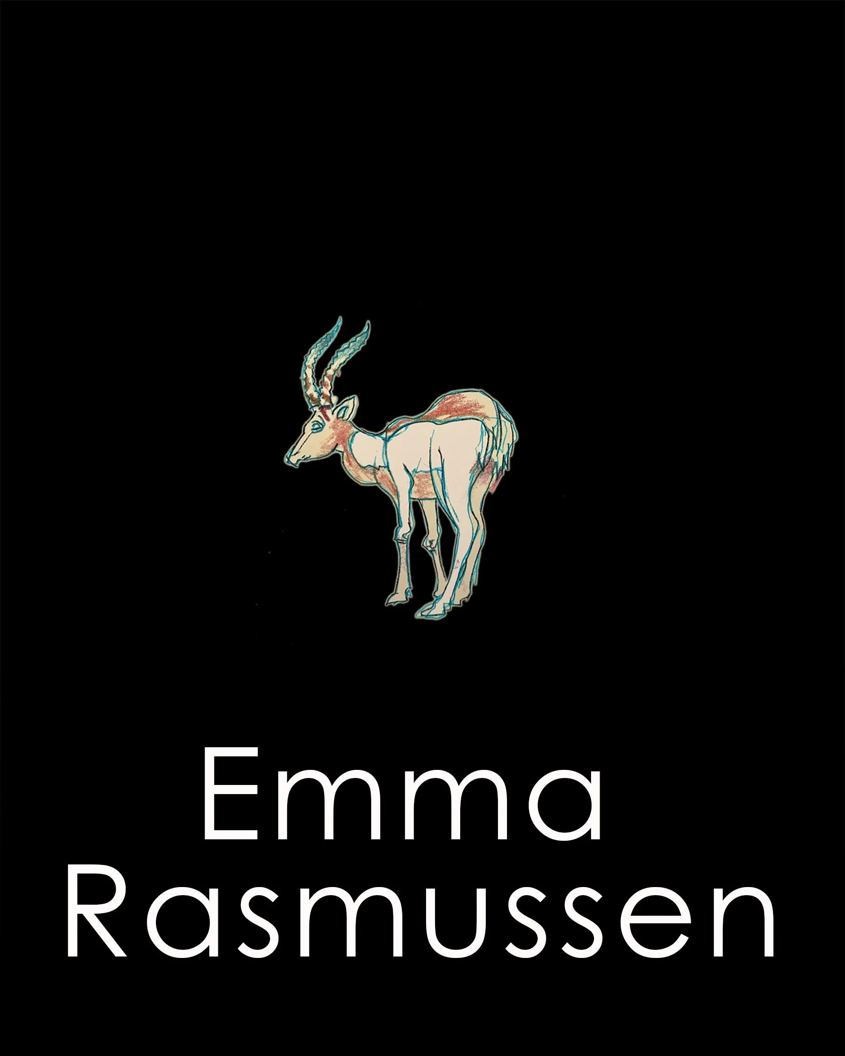An illustration of an antelope on a black background, with the title 'Emma Rasmussen' written below