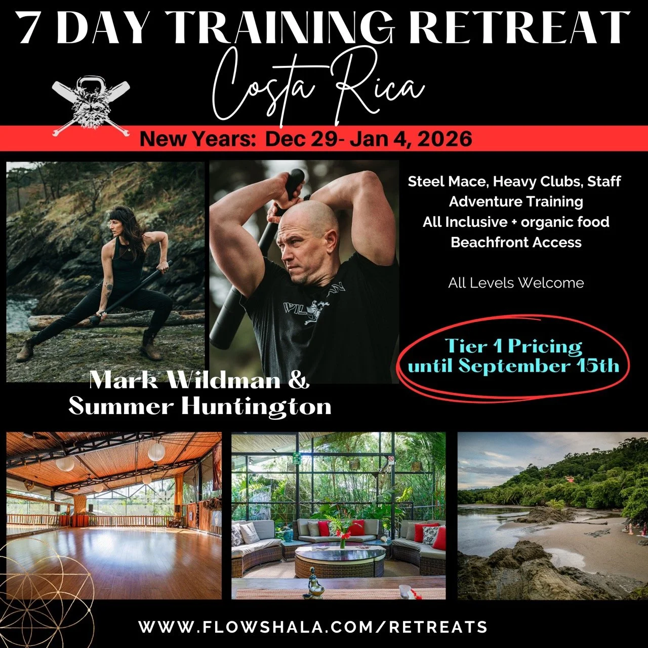 Advertisement poster for a 7-day training retreat in Costa Rica, running from December 29 to January 4, 2026, with activities like adventure training, strength training, and beach access. The poster features images of a woman with a paddle on a rocky shoreline, a man with a shaved head holding a battle axe, an indoor yoga or dance studio, a tropical sitting area, and a beach scene with rocks and trees.