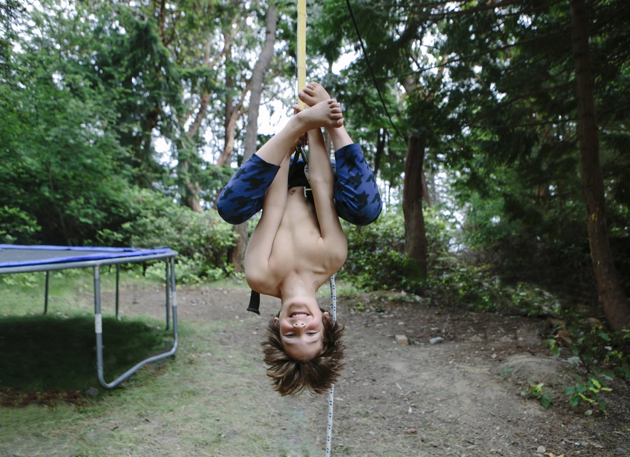 A boy hanging upside down from a rope swing in a wooded backyard during daytime.