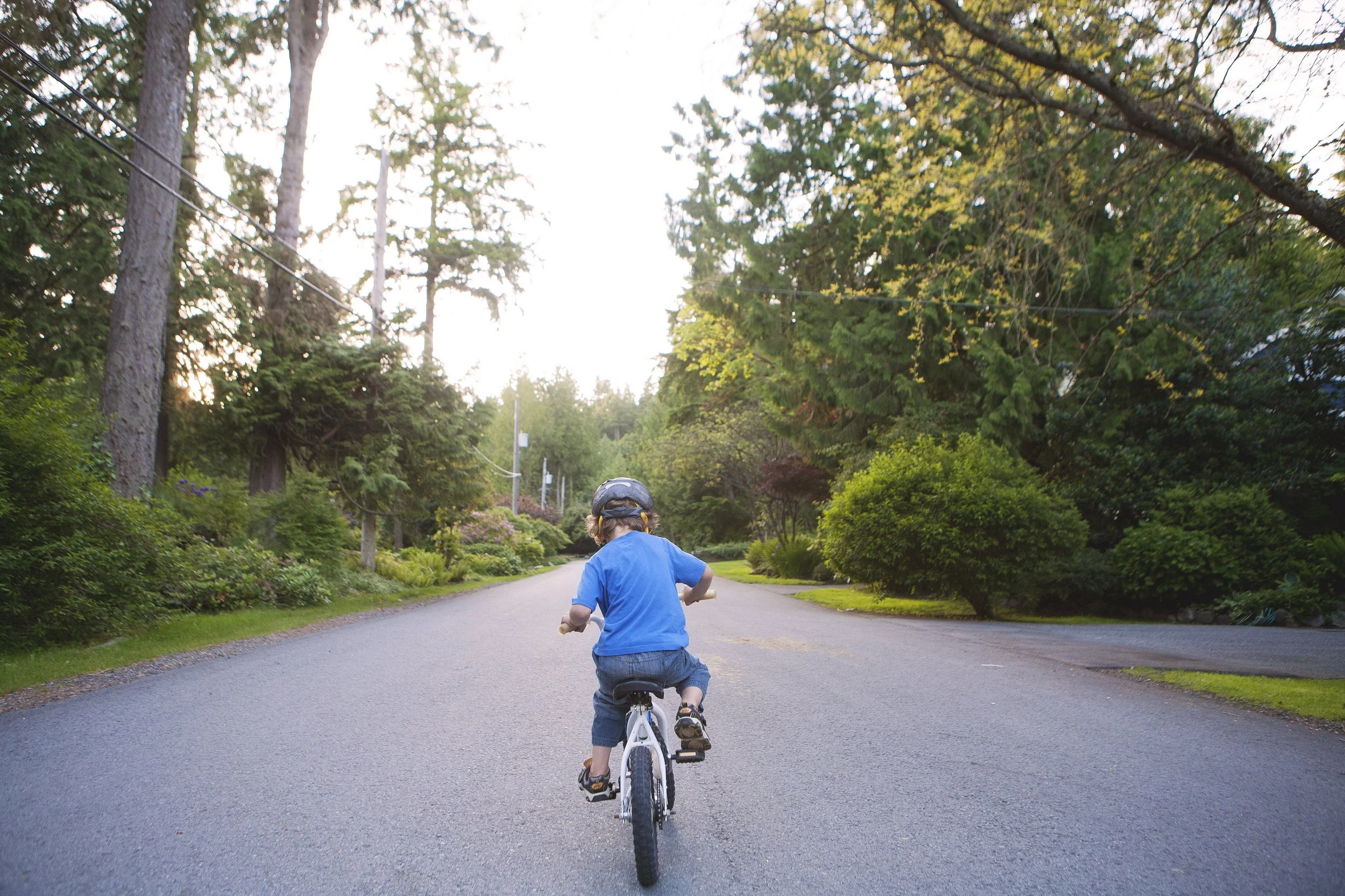 A young child riding a bicycle down a suburban street, surrounded by trees and bushes, wearing a helmet and blue shirt, with the sun setting in the background.