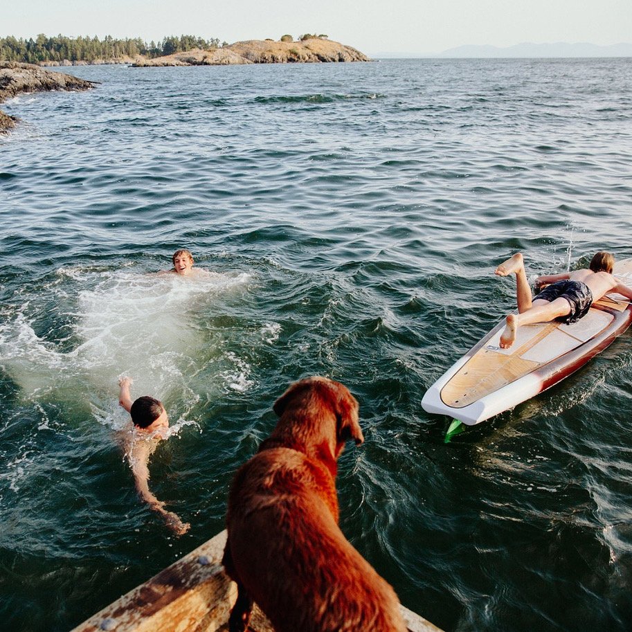 Children swimming and playing in a body of water near a dock, with a girl lying on a surfboard and a dog observing from the dock, in a scenic outdoor setting.
