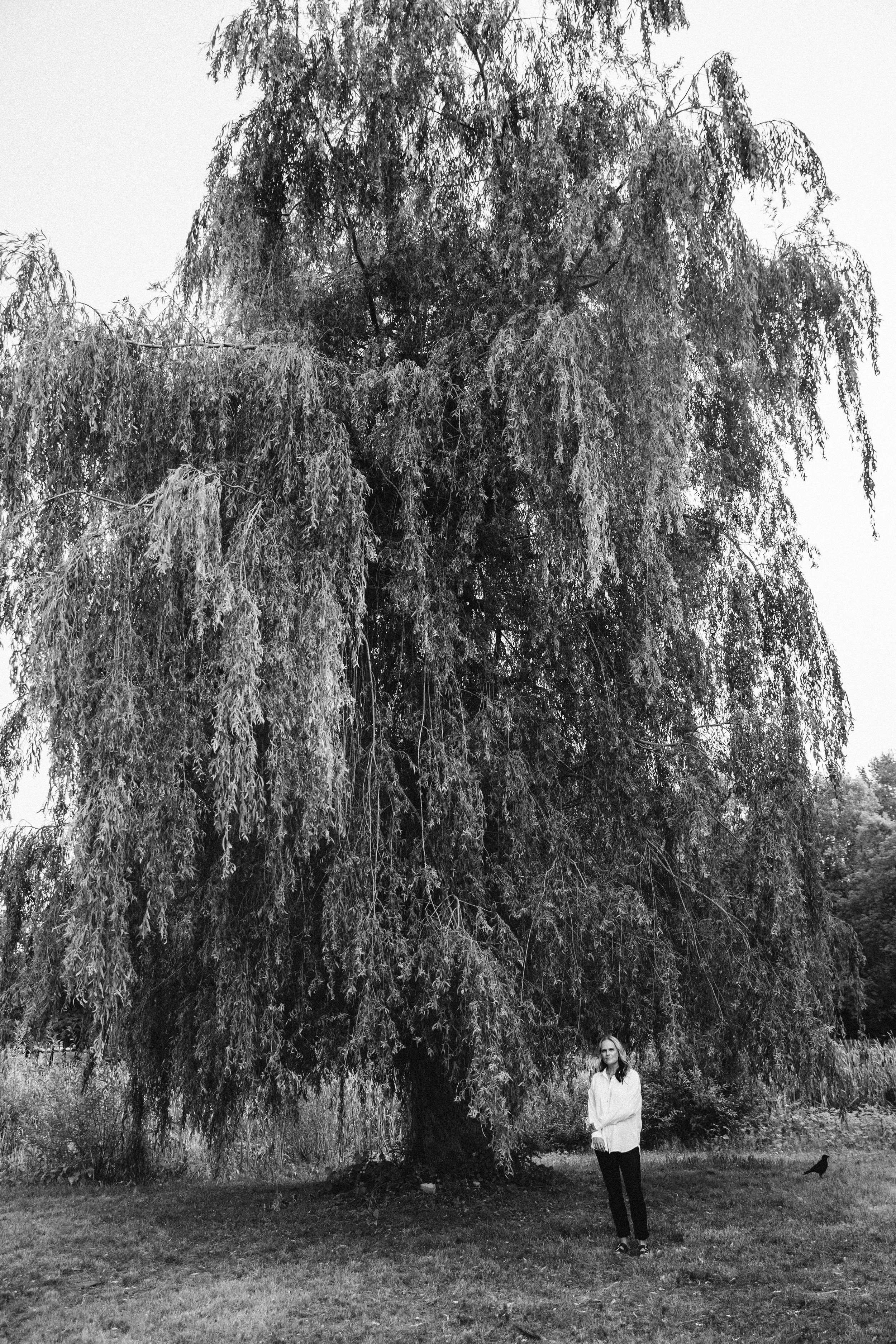 A woman stands in front of a large, drooping tree with dense foliage. There is a bird on the ground nearby. The photo is black and white.