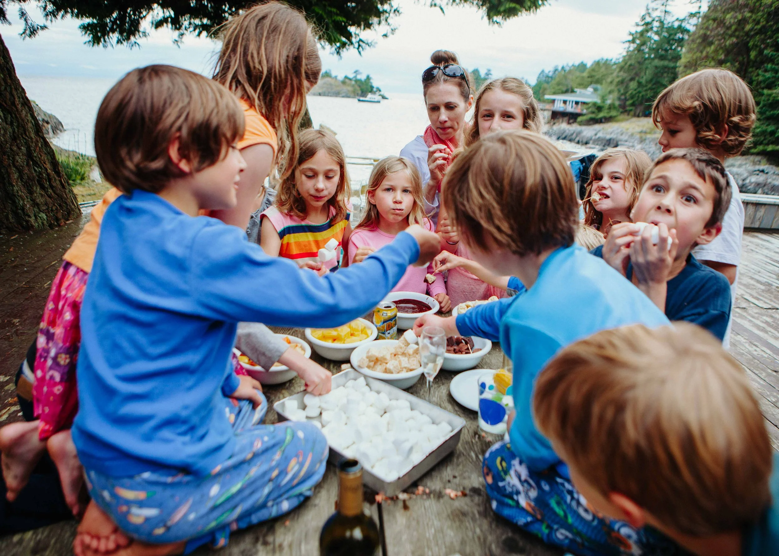 Children and adults around an outdoor table with food, near a lake or ocean with trees and houses in the background.