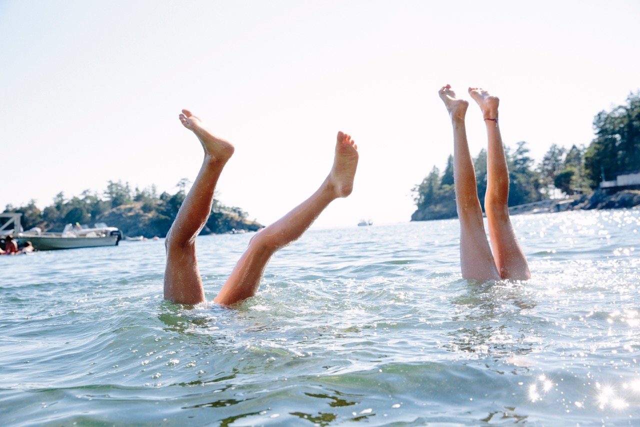 Two people swimming in a body of water, with only their legs and feet visible above the surface, as they perform synchronized underwater flips.