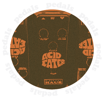 Pedals/Shop Now Button. Circular icon featuring an image of ACIDEATER pedal with text repeating 'Pedals, Pedals, Pedals, Pedals' around the border.