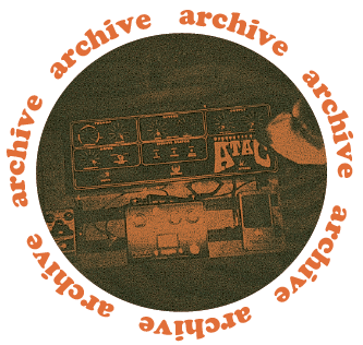 Archive Button. Circular icon featuring an image of a custom-built reverb pedal with the text 'Archive' repeating around the border.