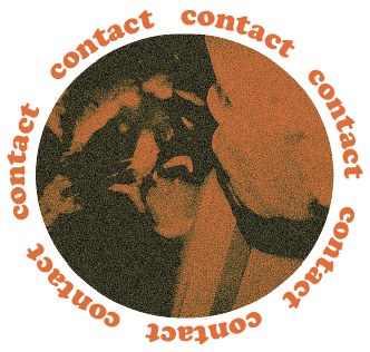 Contact Button. Circular icon featuring an image of a person kissing a raccoon who looks rabid in appearance, with the text 'contact' repeated in a circular pattern around the image.