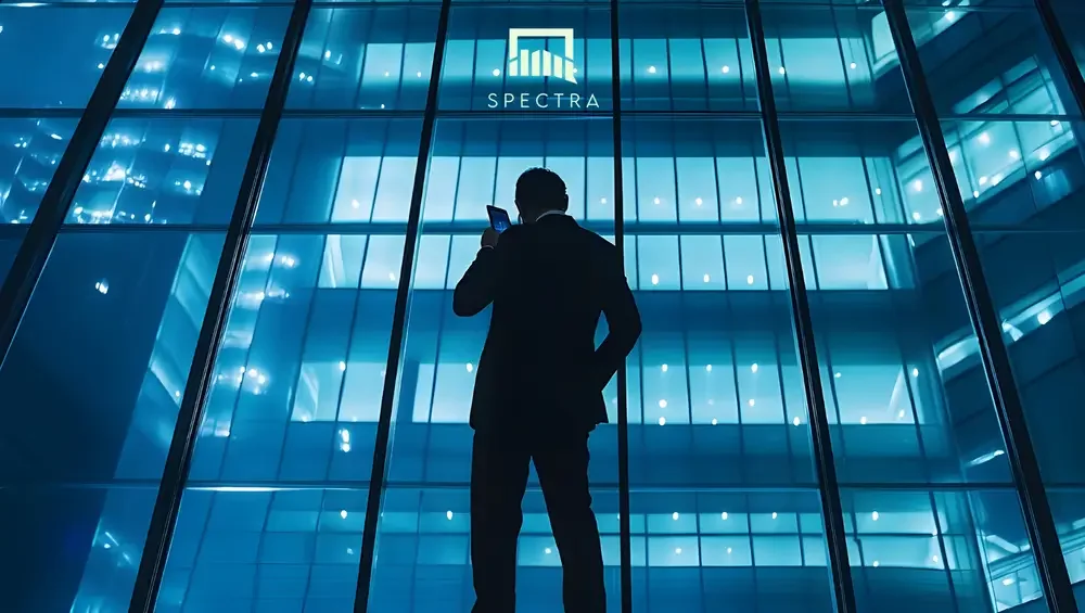 Persona de espaldas usando un smartphone frente a un edificio de cristales iluminado en tonos azules, con logotipo de Spectra en la parte superior.