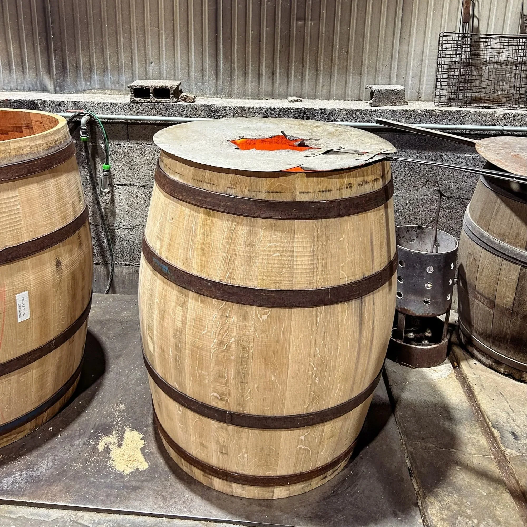 Barrels toasting in the cooperage