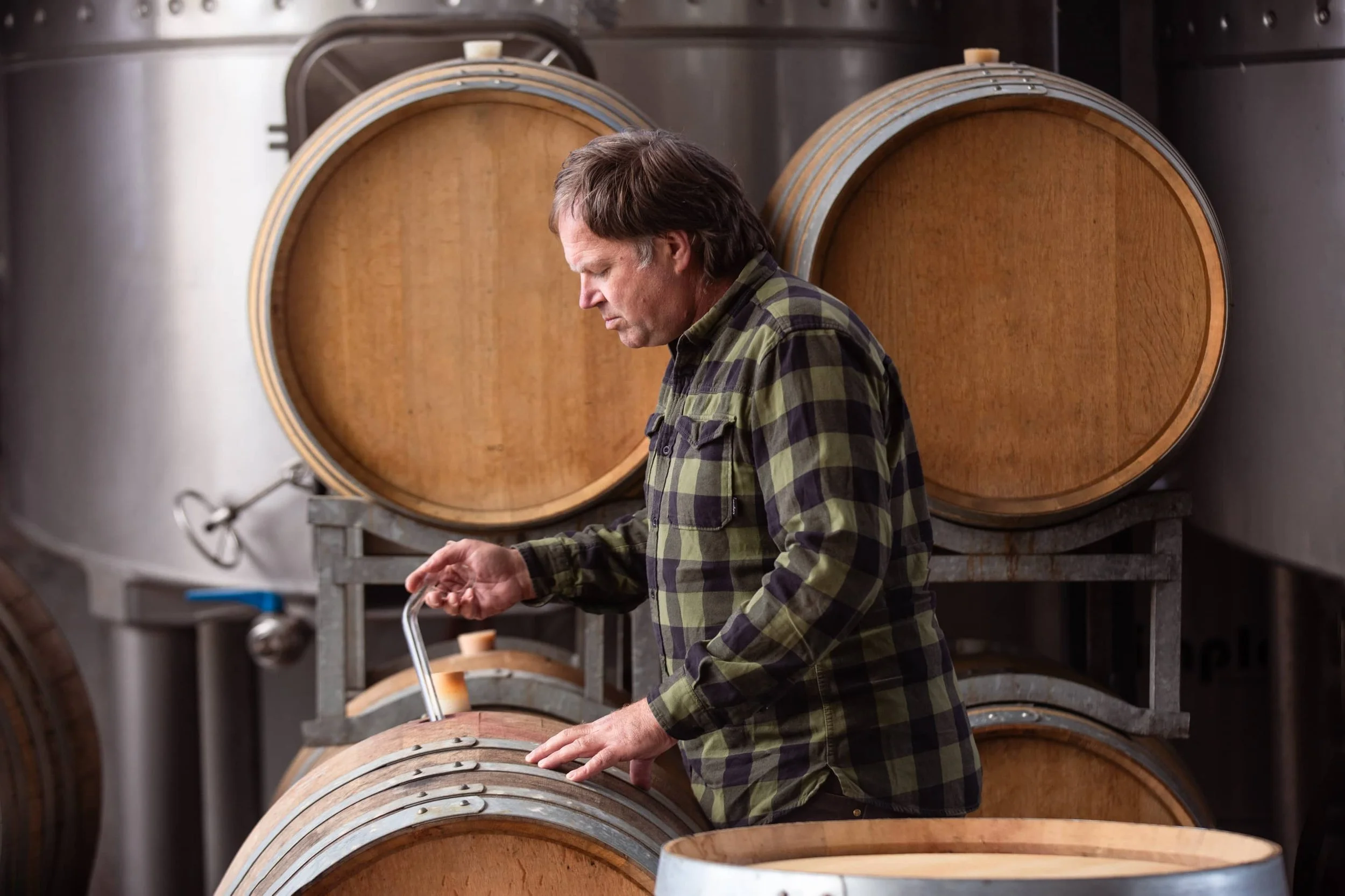 Winemaker sampling wine from Barrel Co wine barrel
