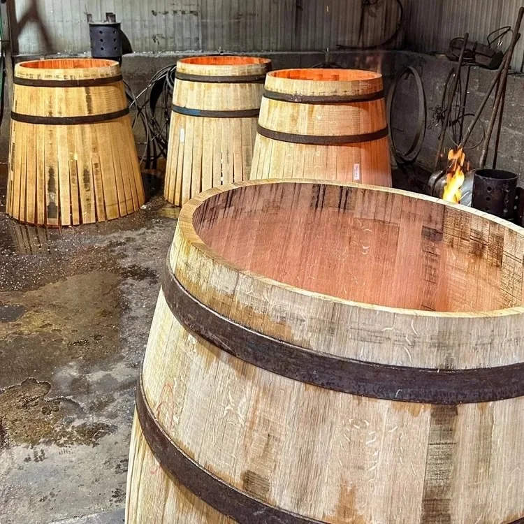An oak barrel toasting