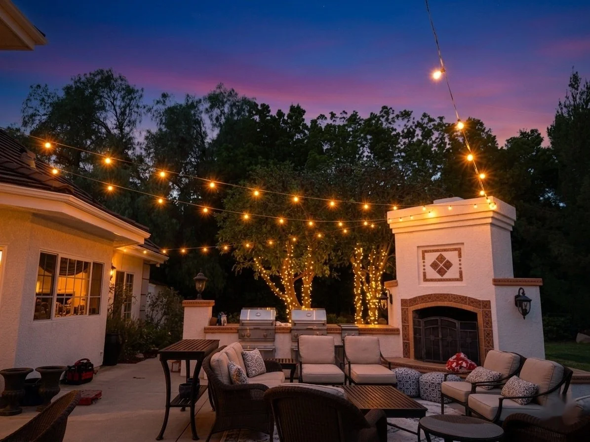 Bistro string lighting installation over a backyard patio with outdoor fireplace and seating area at dusk
