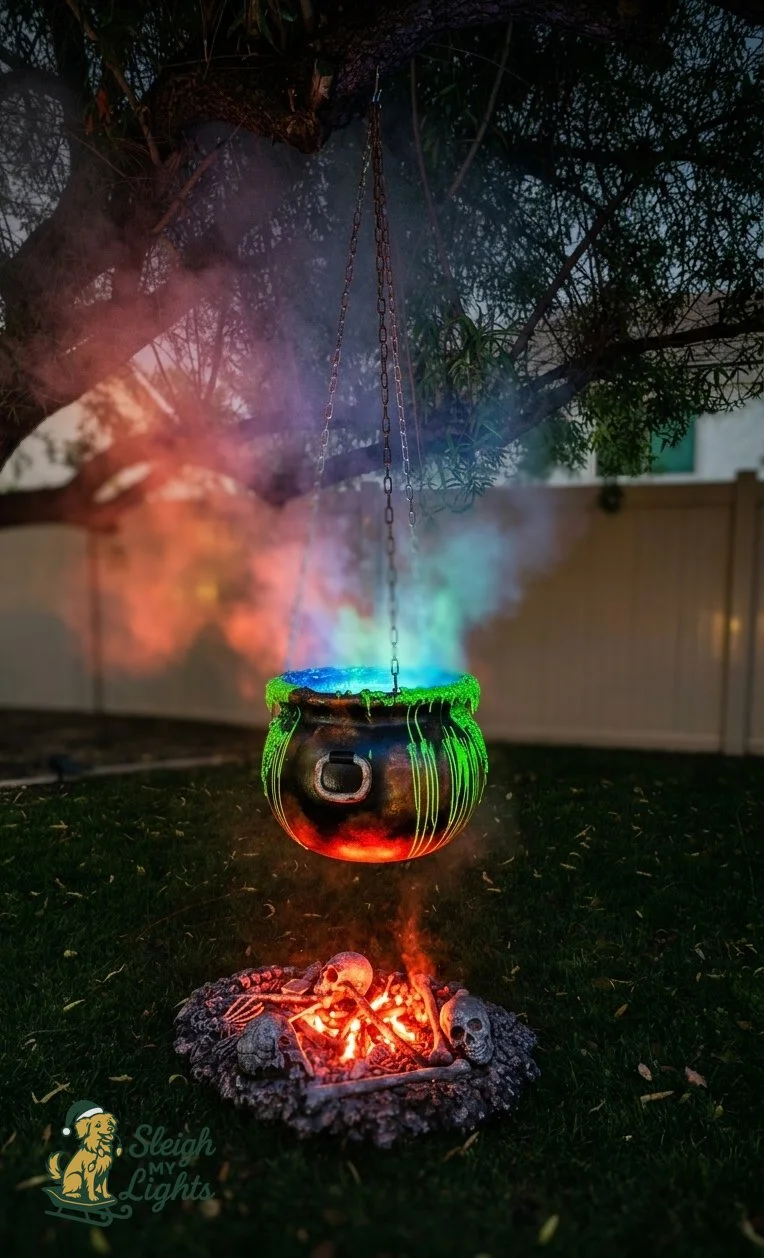 Custom Halloween cauldron prop with colored lighting and fog effect