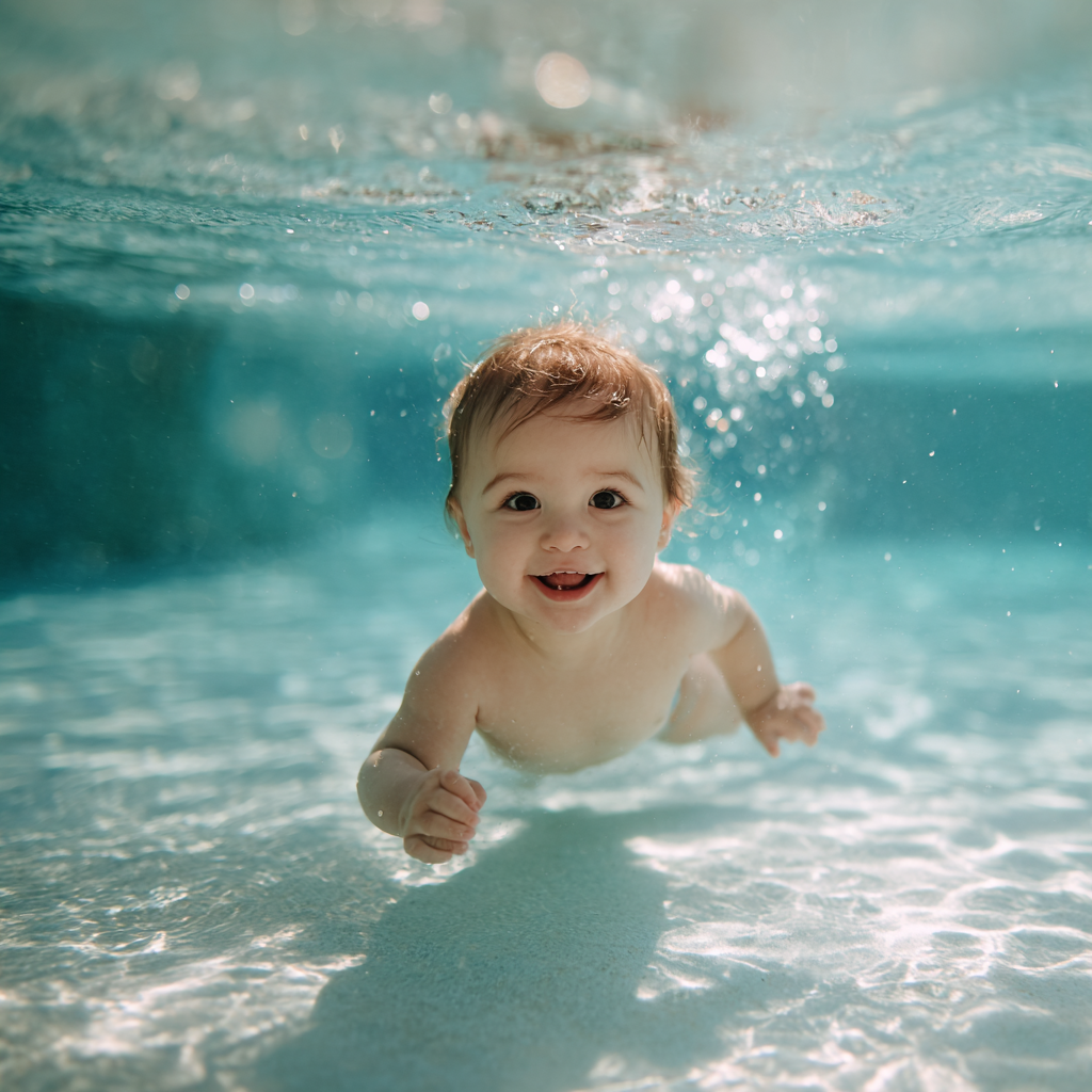 Smiling baby swimming underwater in a pool.