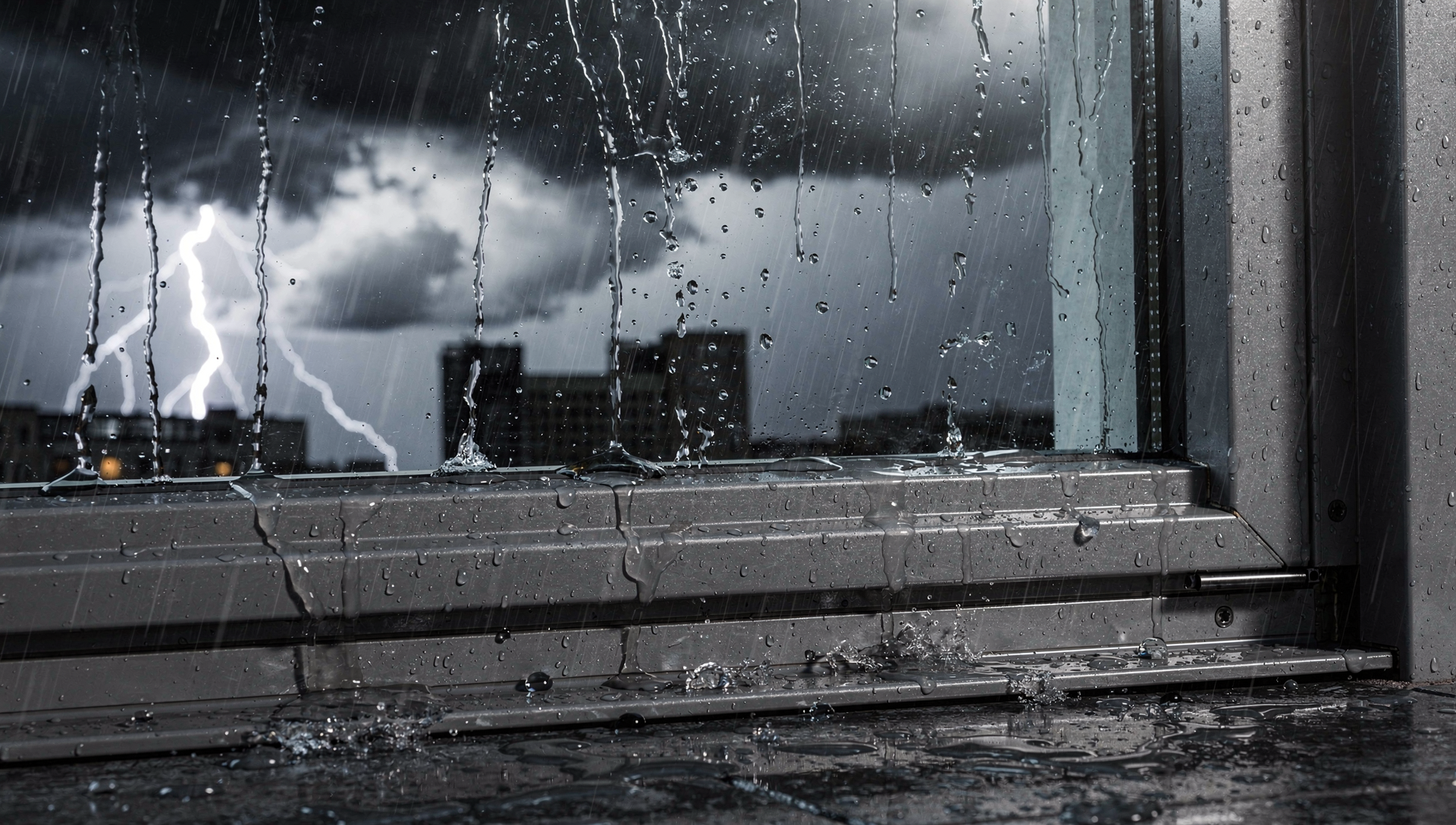 Hurricane impact window protecting a residential home during severe storm and heavy rain