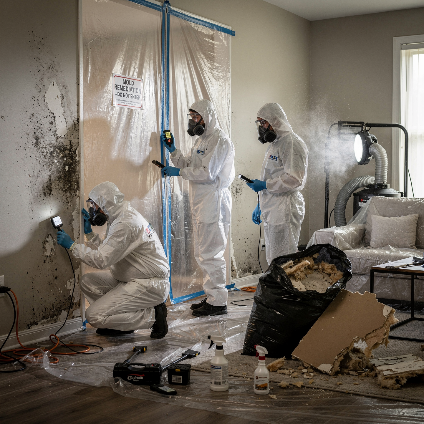 Mold remediation technicians using protective equipment and containment barriers to safely remove indoor mold