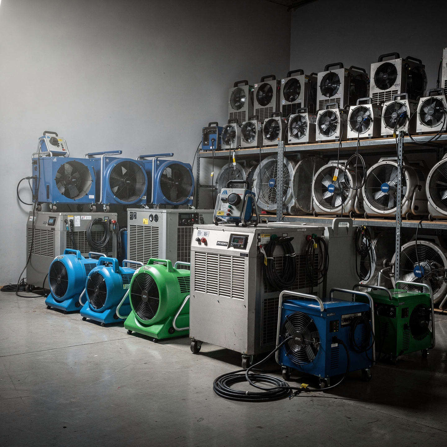 Drying equipment inventory including industrial blowers, dehumidifiers, and water damage dryers