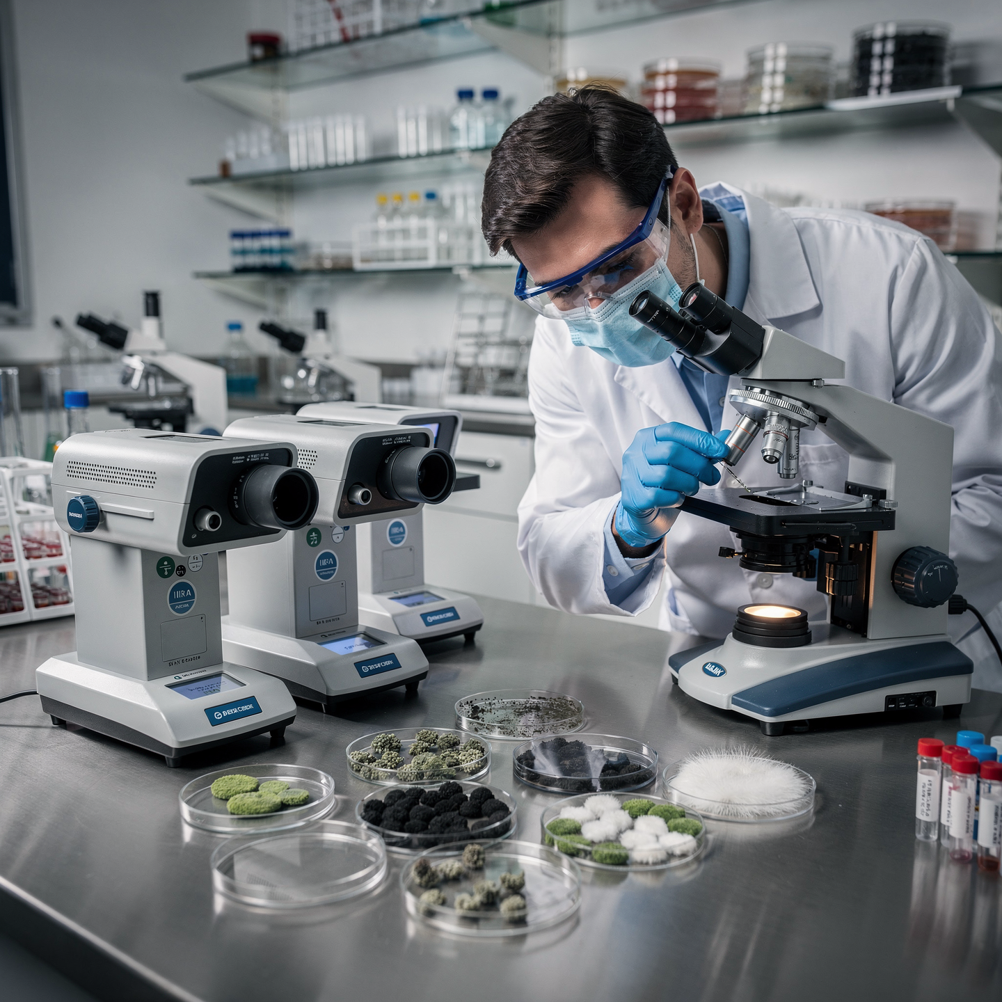 Laboratory mold testing process identifying mold types using professional microscopes and analysis