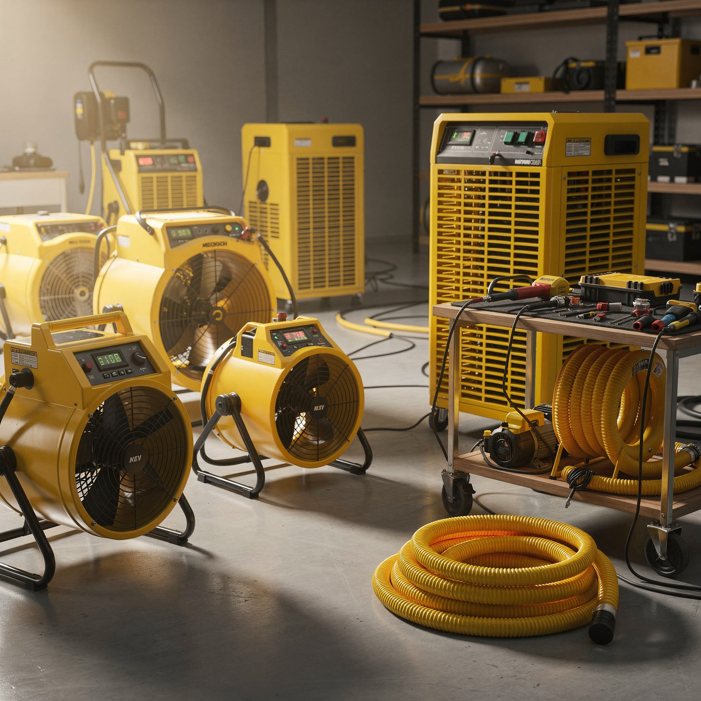 Professional drying equipment including fans, air movers, and dehumidification tools for restoration projects