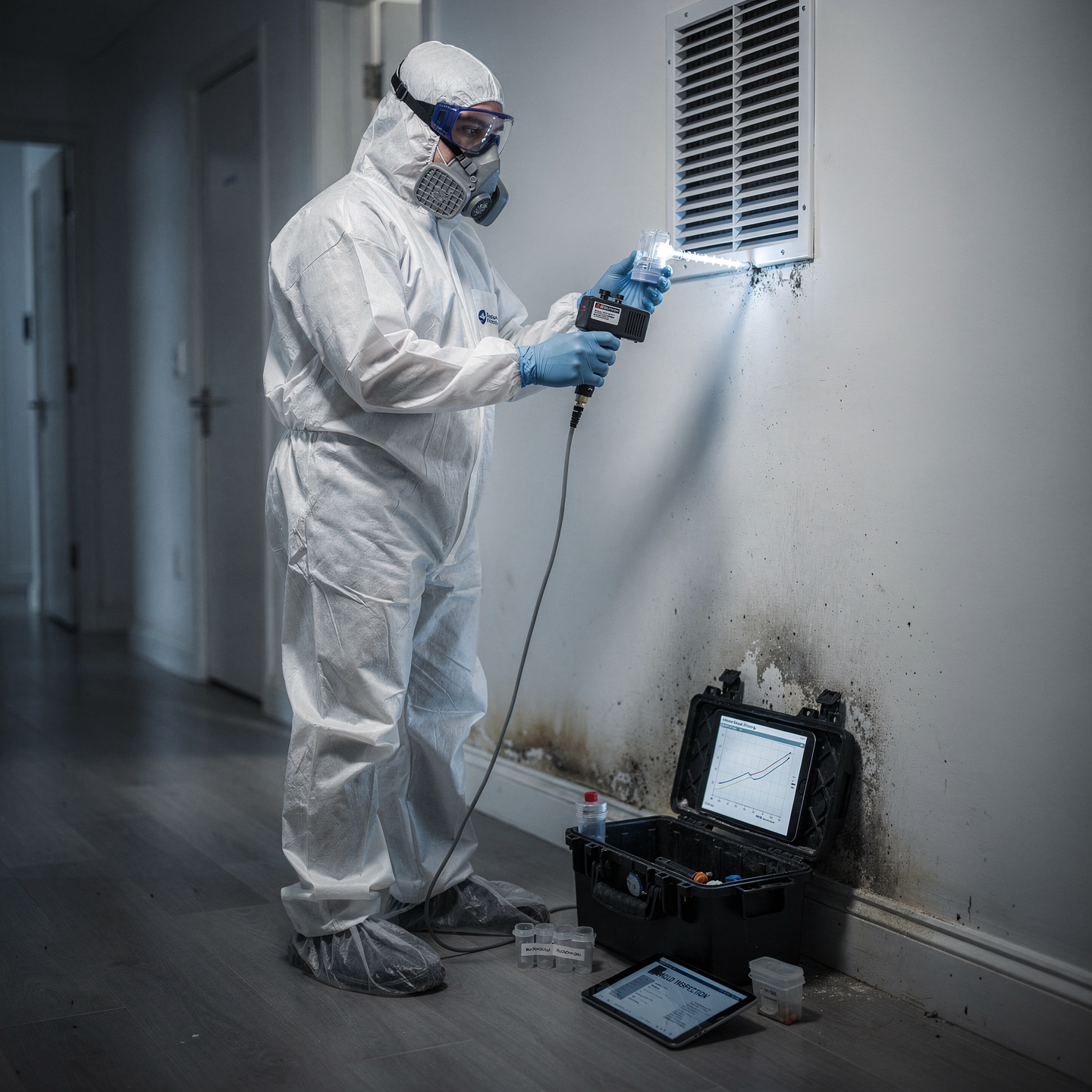Mold testing technician collecting air and surface samples using professional measuring equipment