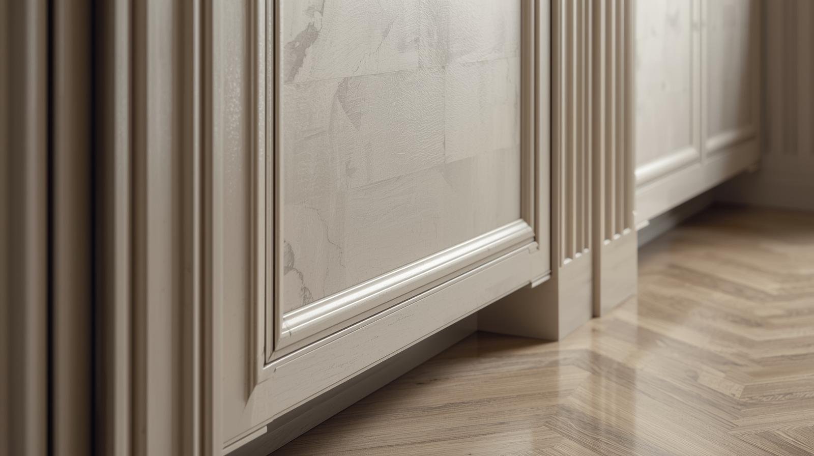 High-end wood flooring installation with modern cabinetry in residential renovation