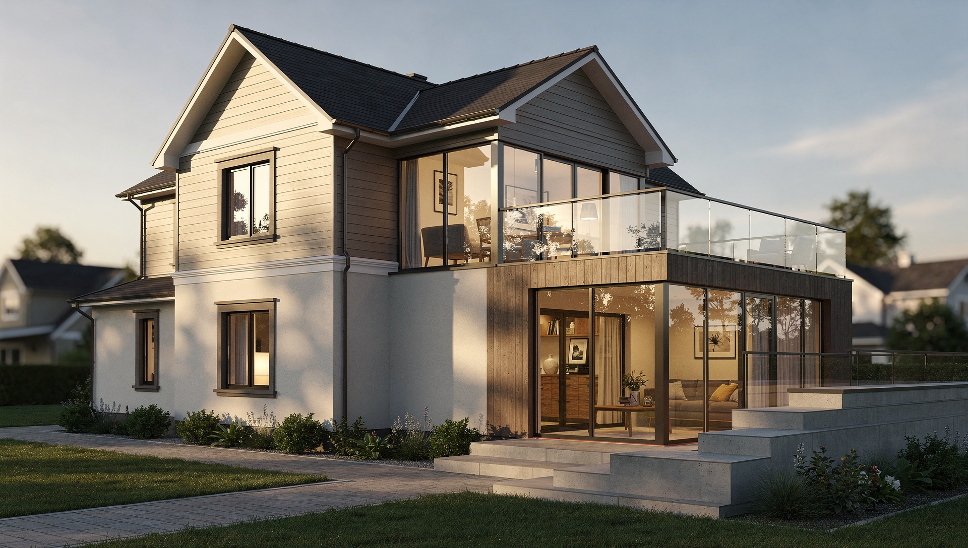 Multi-level home addition showcasing expanded residential living and architectural design