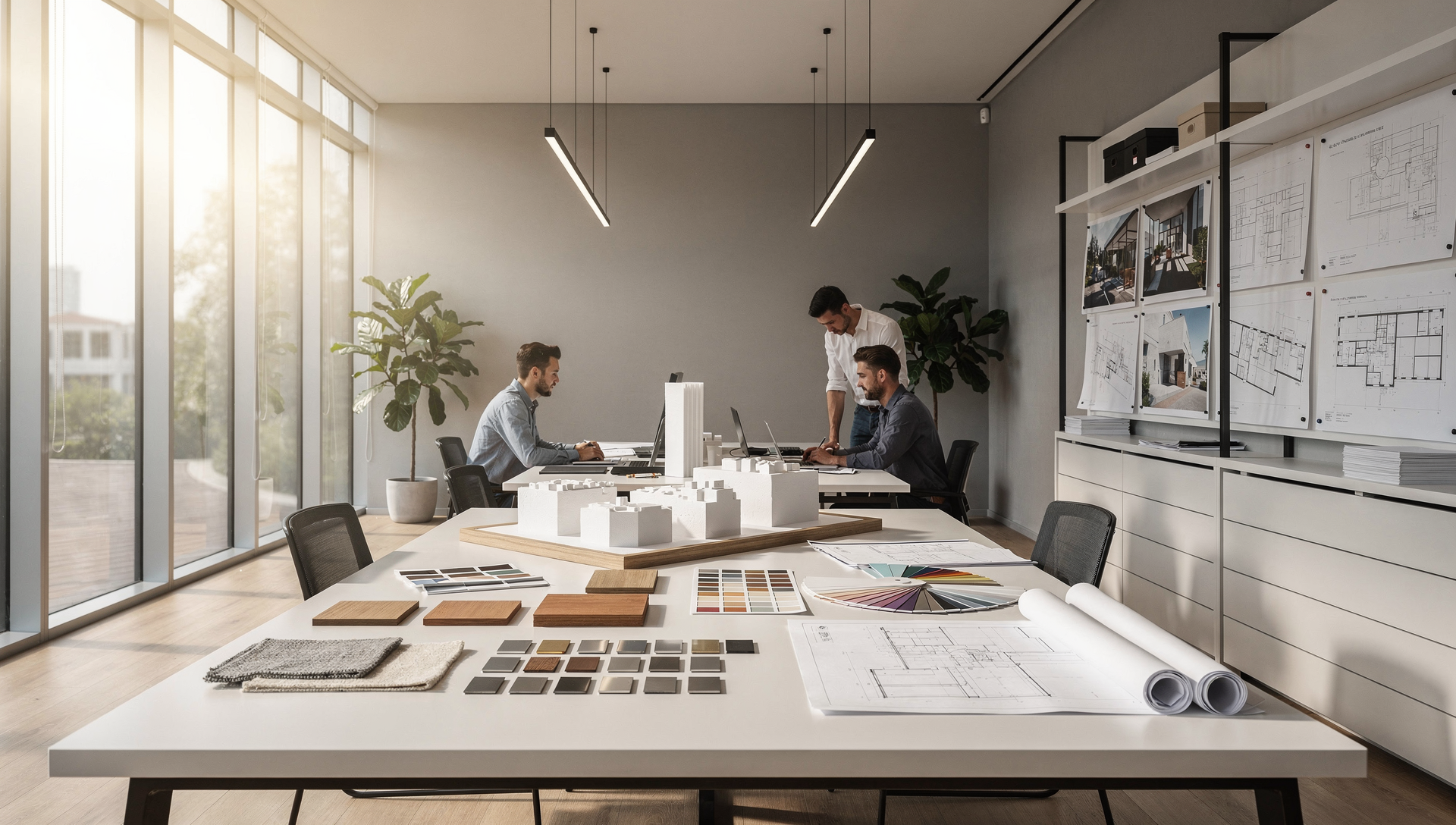 Construction planning workspace with architectural drawings, material samples, and design tools