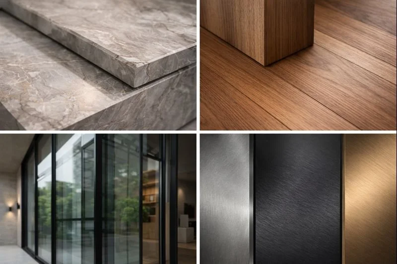 Wood flooring, architectural glass, metal finishes, used in modern residential home addition projects