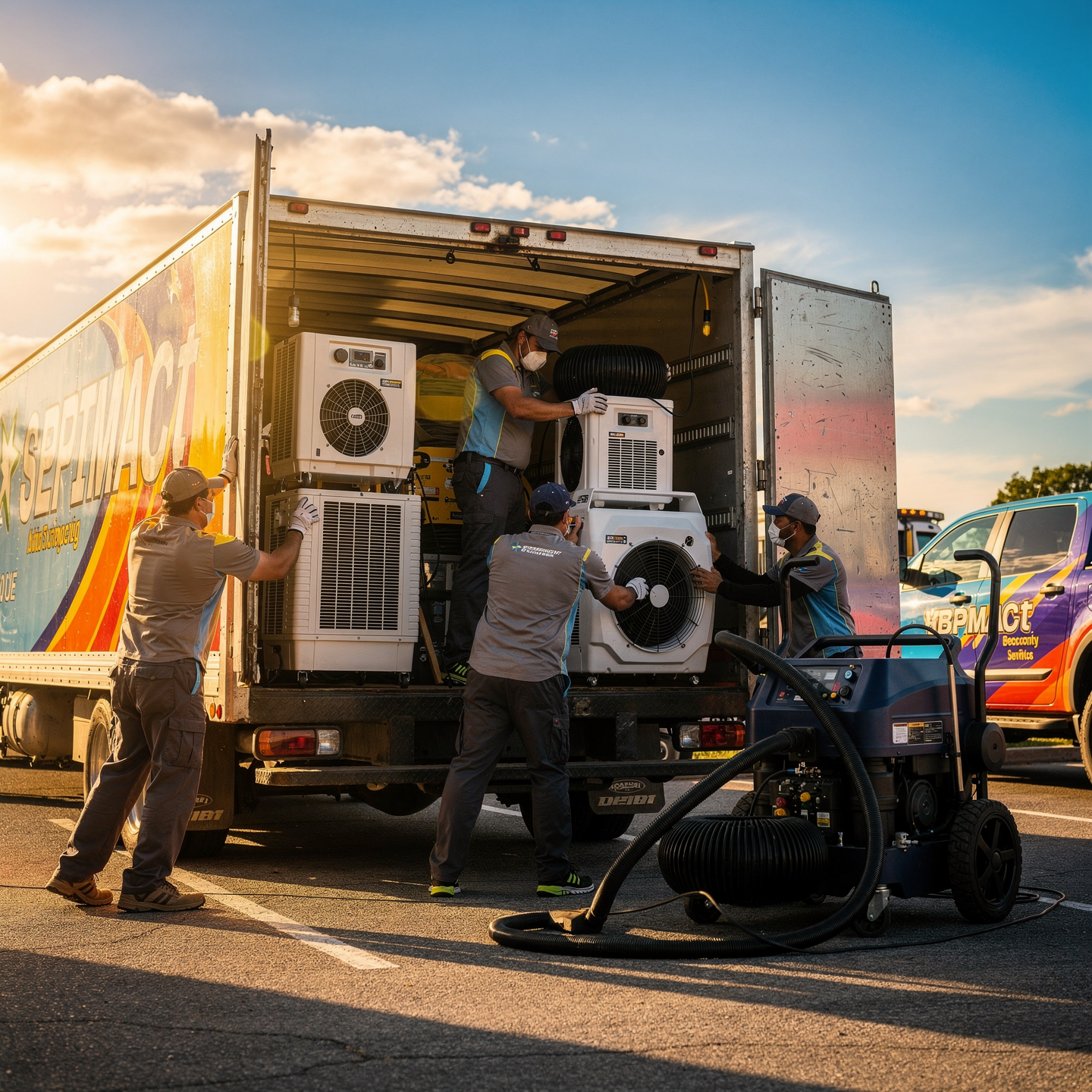 Restoration professionals loading drying equipment for rapid response water damage services