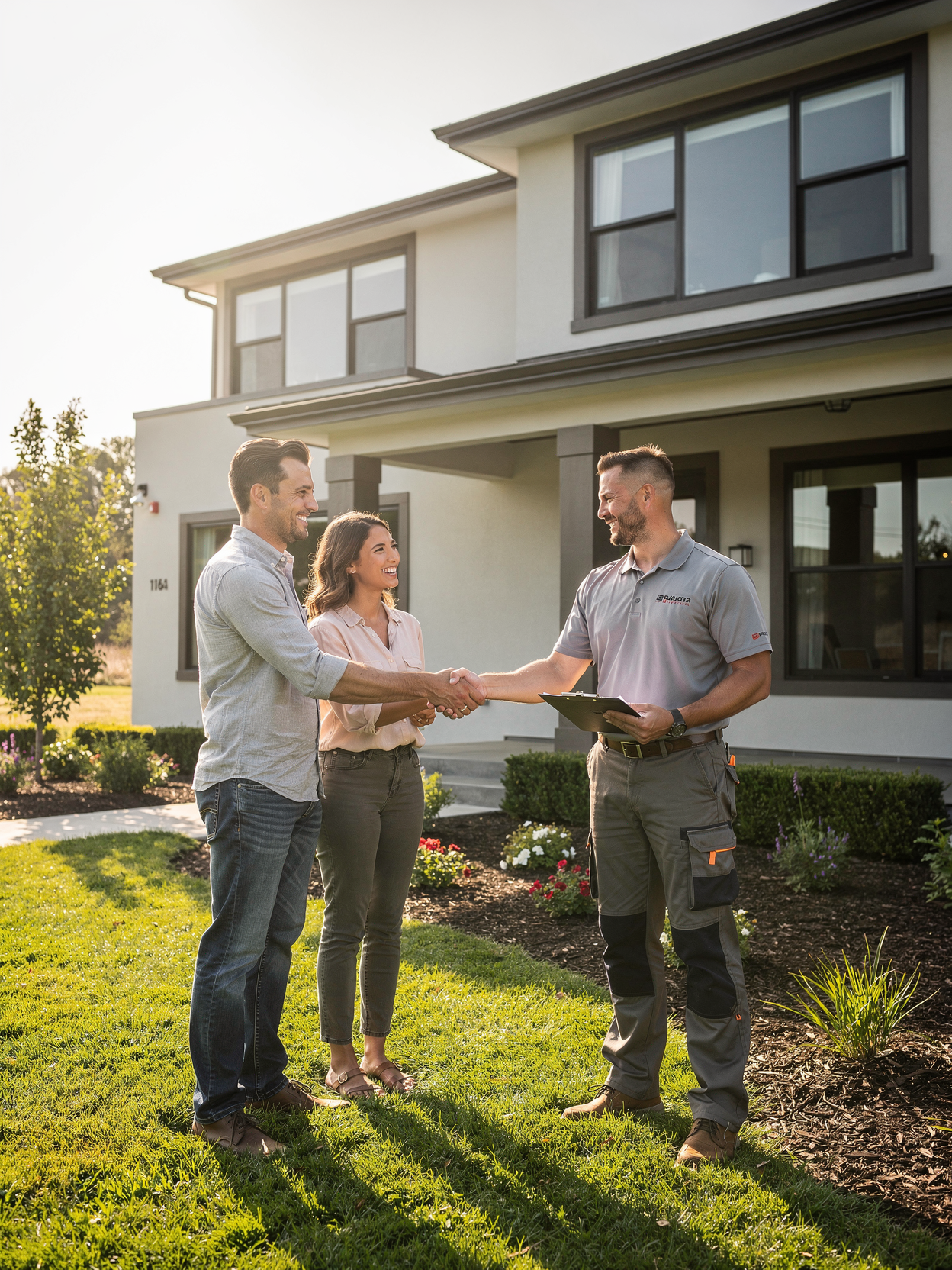 Construction professional meeting with homeowners after securing financing for a residential project